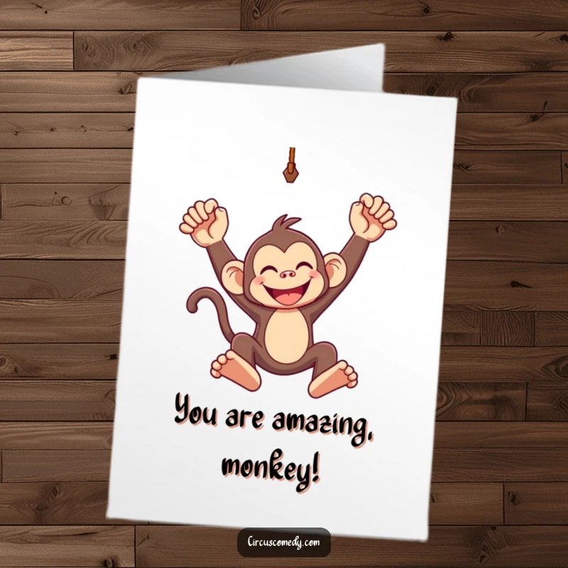 Funny Free Printable Congrats Card: A jubilant monkey executing a spectacular swing on a trapeze, celebrating victory.