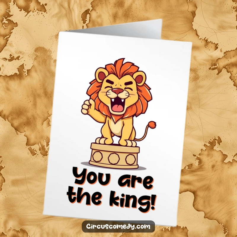 Funny Free Printable Congrats Card: A proud lion letting out a playful roar while standing triumphantly on a pedestal.
