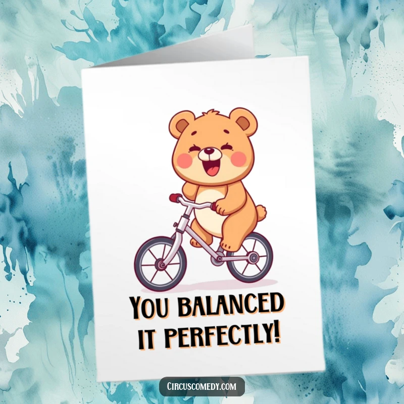 Amusing Free Printable bear riding a unicycle with a wide grin, perfect for congratulations.