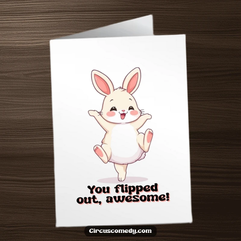 Funny Free Printable Congrats Card: A joyful, fluffy bunny executing a graceful cartwheel with a flourish, celebrating victory.