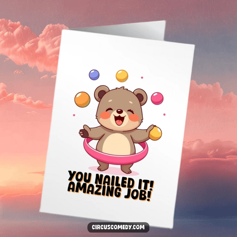Funny Free Printable Congrats Card: Excited bear cub juggling multiple balls, celebrating success with a vibrant downloadable design.