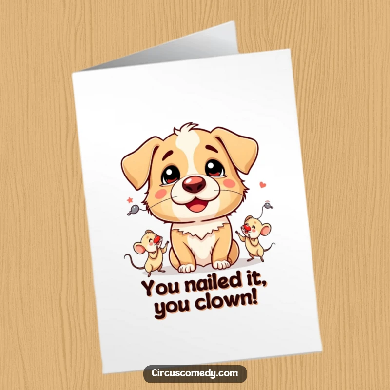 Funny Free Printable Dog Congratulations Card: A silly dog clown in a red nose juggles mice, perfect for any win.