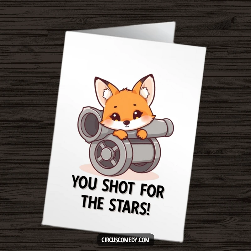 Funny Free Printable Congratulations Card: A sly fox peeks from a cannon, ready to celebrate achievements with a playful 'blast'.
