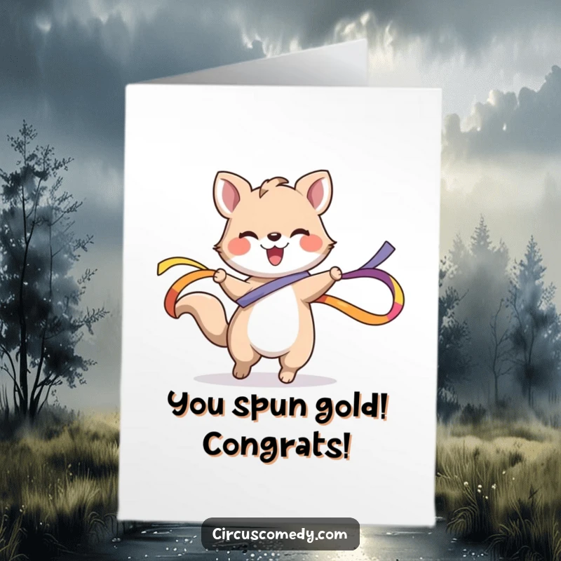Funny Free Printable Congratulations Card: A joyful animal spins gracefully, a colorful ribbon flowing around them.