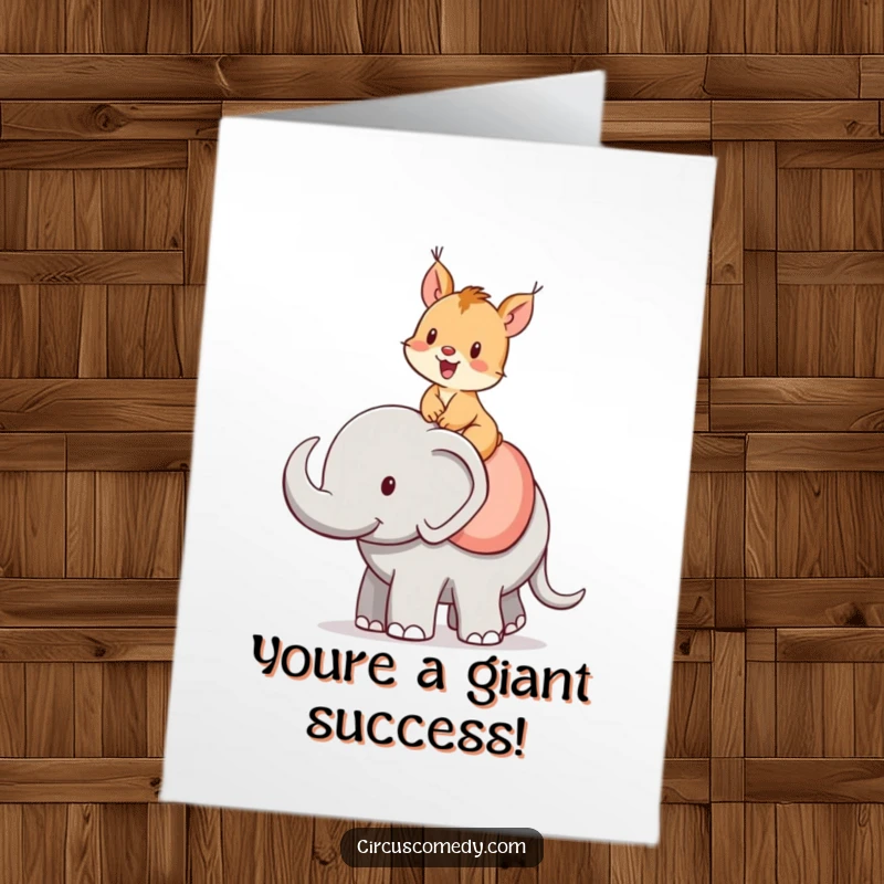 Free Printable Congratulations Card: A cheerful squirrel enjoys a ride on an elephant, symbolizing a grand and successful moment.