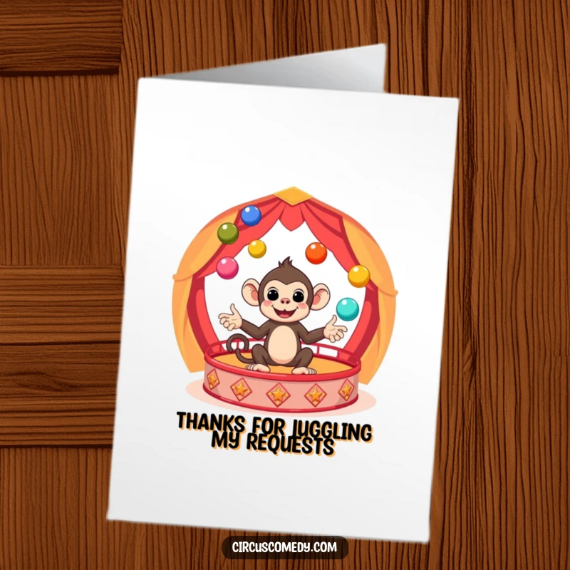 Funny Free Printable Monkey Thank You Card: A cute monkey impressively juggles colorful balls, expressing thanks with circus flair.