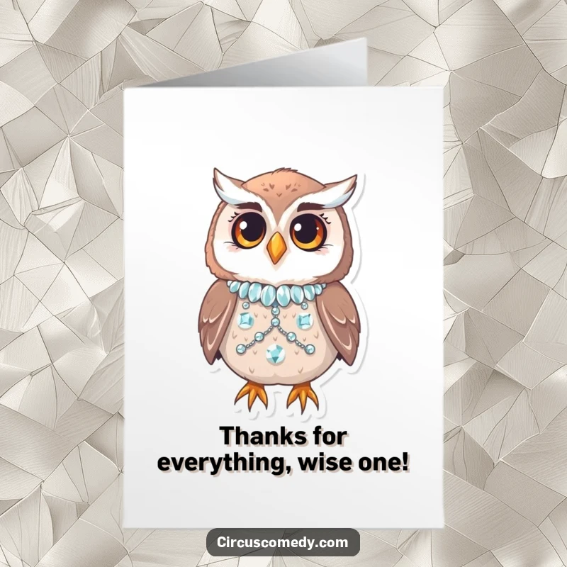 Charming Free Printable owl in a sequined outfit, blinking a thank you with humor.
