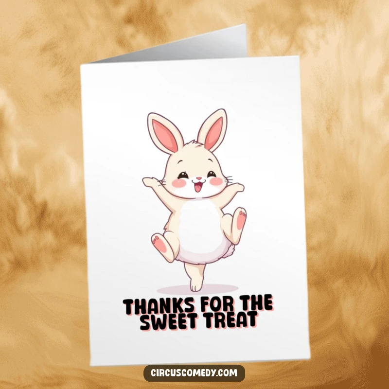 Funny Free Printable Thank You Card: A fluffy bunny performing a cartwheel with a stylish flourish, conveying thanks elegantly.