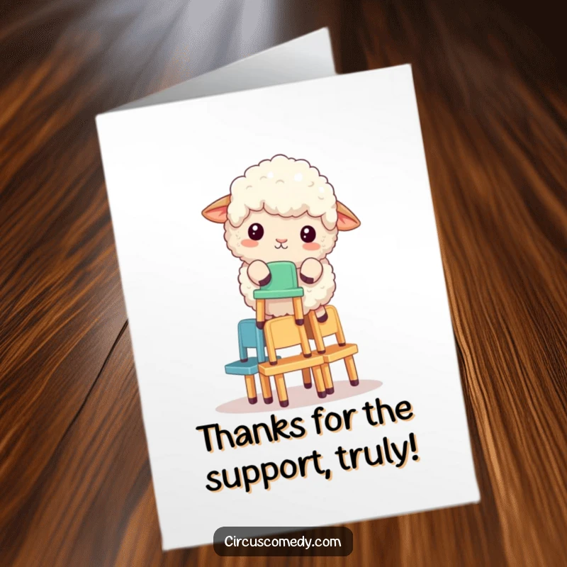Funny Free Printable Thank You Card: A determined sheep balances chairs to show gratitude, adding humor to your thanks.