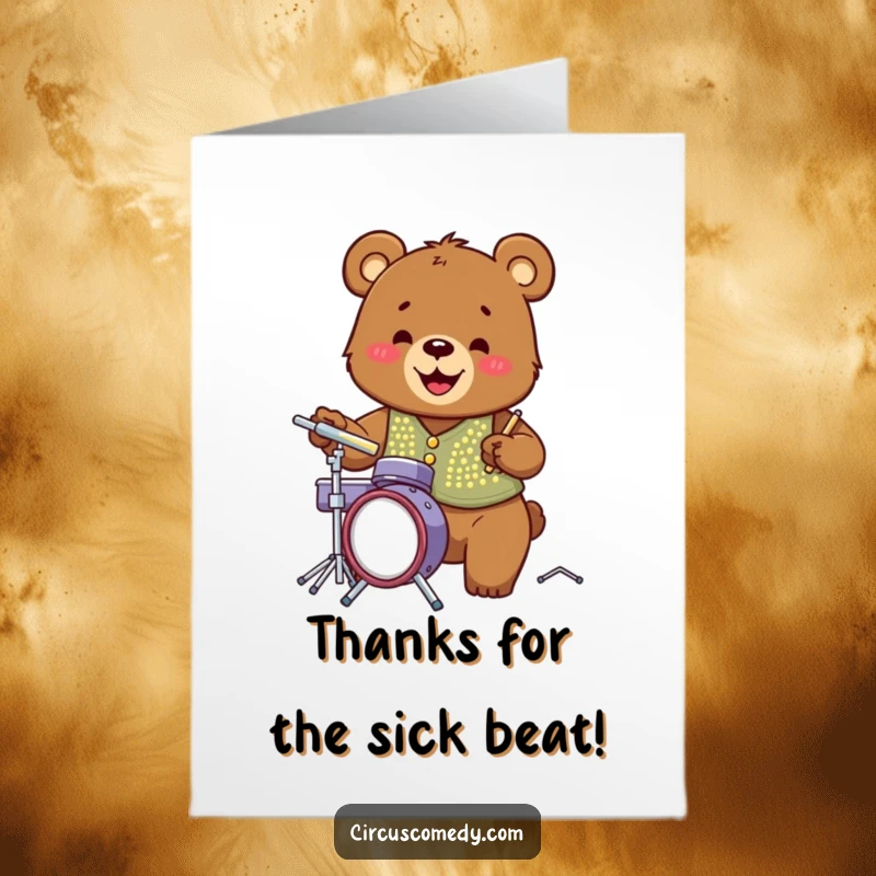 Funny Free Printable Thank You Card: Bear with sequin vest grins while playing tiny drums.