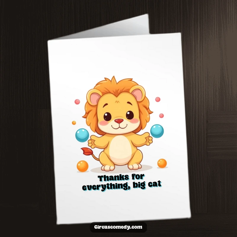 Funny Free Printable Thank You Card: A cute lion focused on juggling tiny balls, expressing thanks humorously.