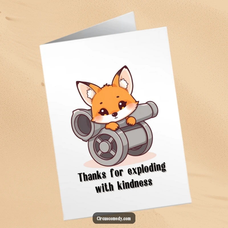 Funny Free Printable Thank You Card: A curious fox emerges from a cannon, delivering thanks with a playful and bold design.