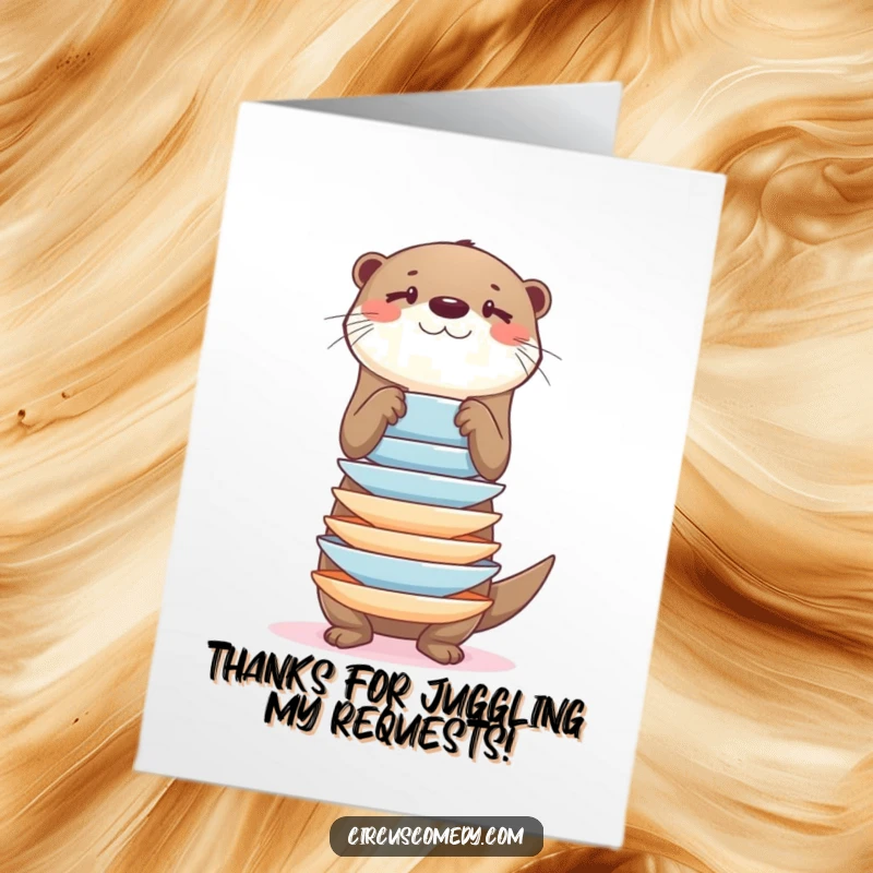 Playful Free Printable otter balancing a tower of plates, a unique thank you.