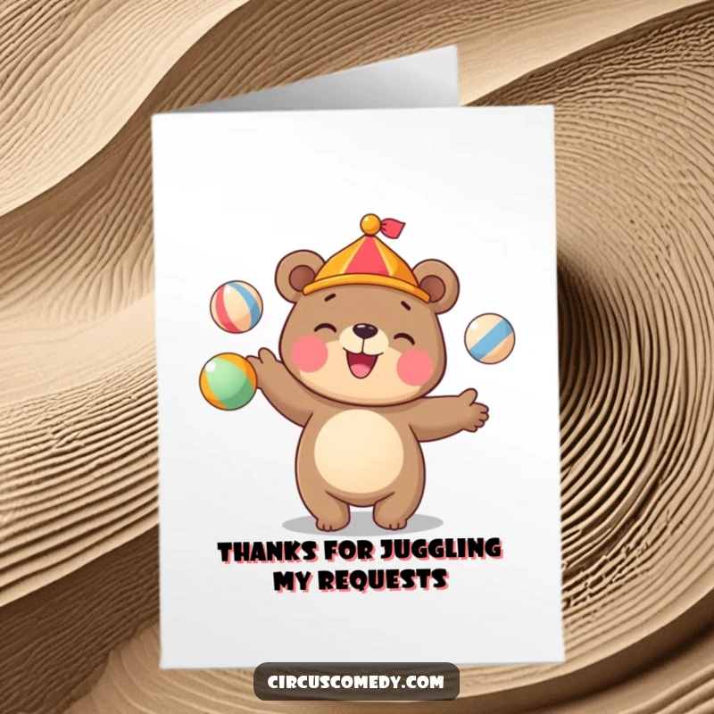 Funny Free Printable Thank You Card: Cute bear smiling, juggling colorful balls, expressing thanks.
