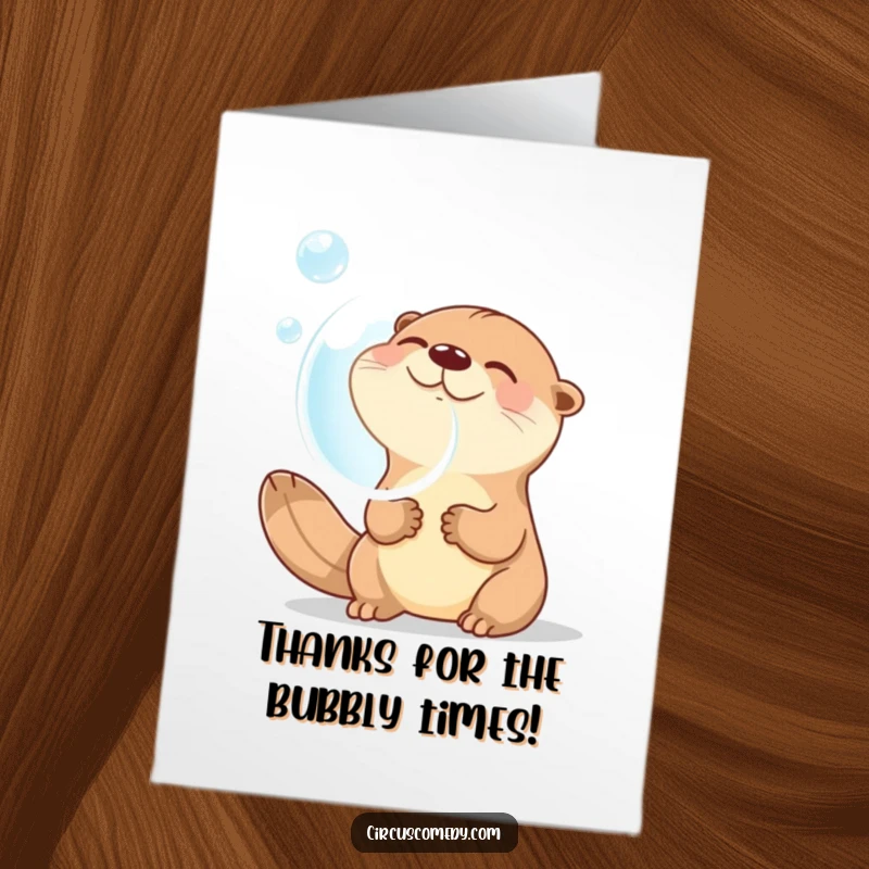 Funny free printable thank you card with a giggling otter blowing a big bubble, conveying heartfelt appreciation with a smile.