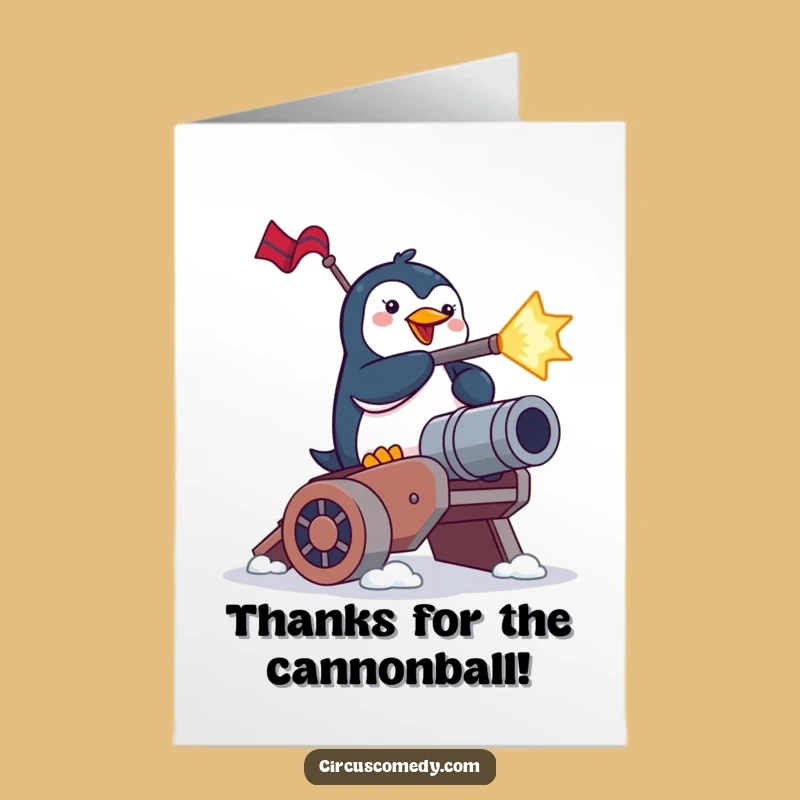 Free Printable Thank You Card: Penguin Cannon Blast Funny Downloadable Gift!