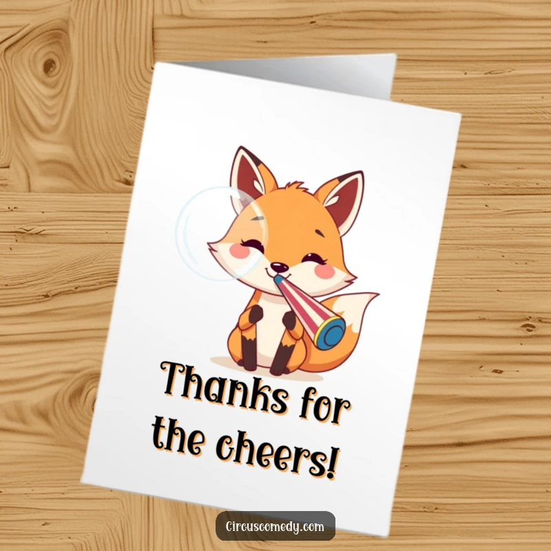 Funny Free Printable Thank You Card: A cheerful fox blows a bubble with a giant circus whistle, sending thanks.