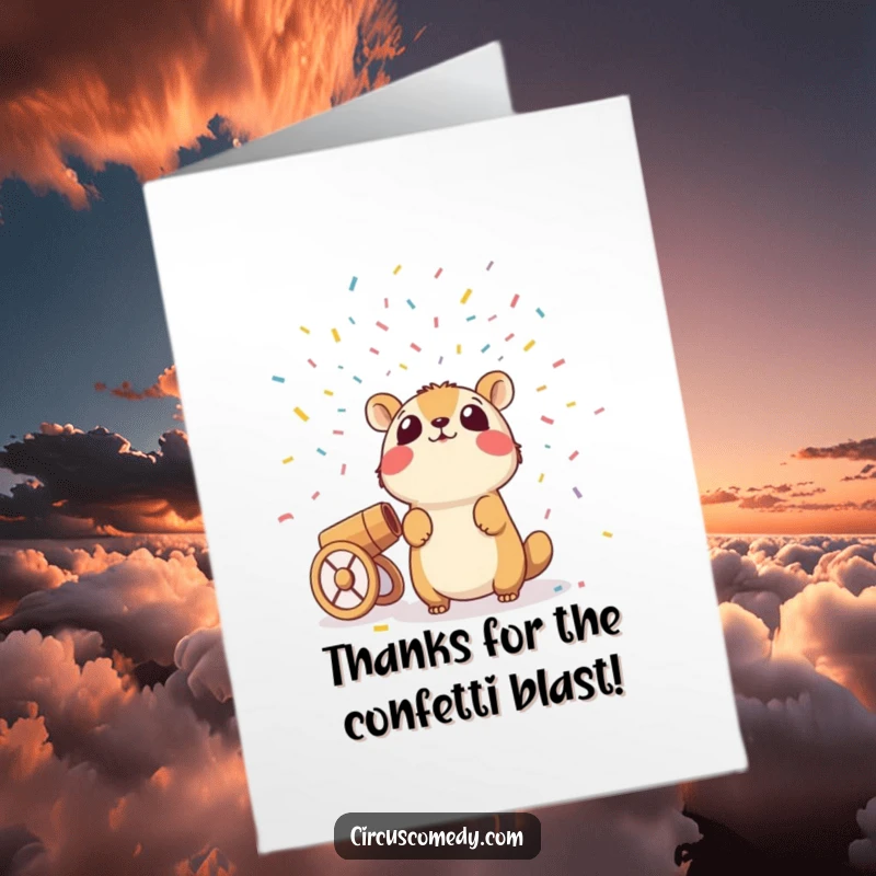 Funny Free Printable Thank You Card: An animal gets a confetti cannon surprise, expressing big thanks unexpectedly.
