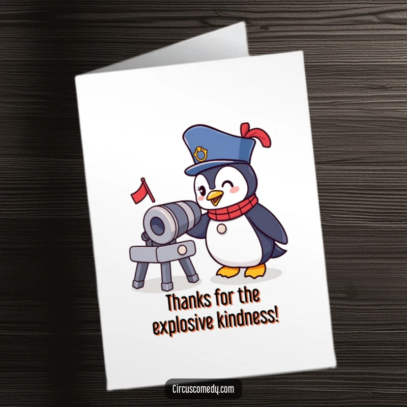 Funny Free Printable Thank You Card: Penguin ringmaster tips his hat, offering thanks with a charming wink.