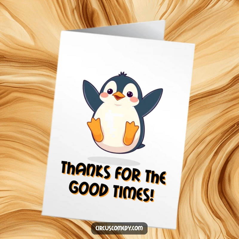 Funny free printable thank you card featuring a waddling penguin doing a comical somersault, expressing thanks with a playful flop.