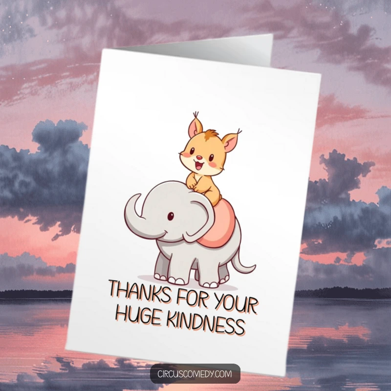 Funny Free Printable Thank You Card: A cheerful squirrel rides an elephant, conveying thanks with a memorable and joyful scene.