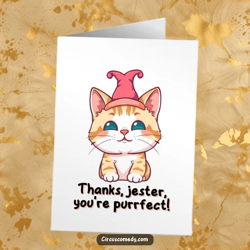 Funny Free Printable Thank You Card: Contented cat wearing a jester hat, offering a humorous and thankful gesture.