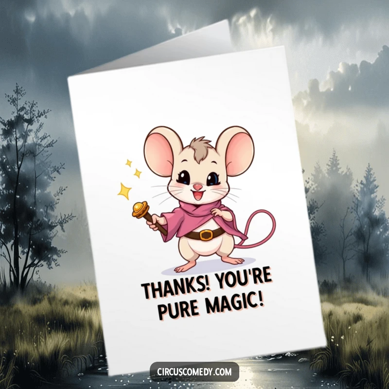 Funny Free Printable Thank You Card: A little mouse with a big wand performs a magical trick to say thank you.