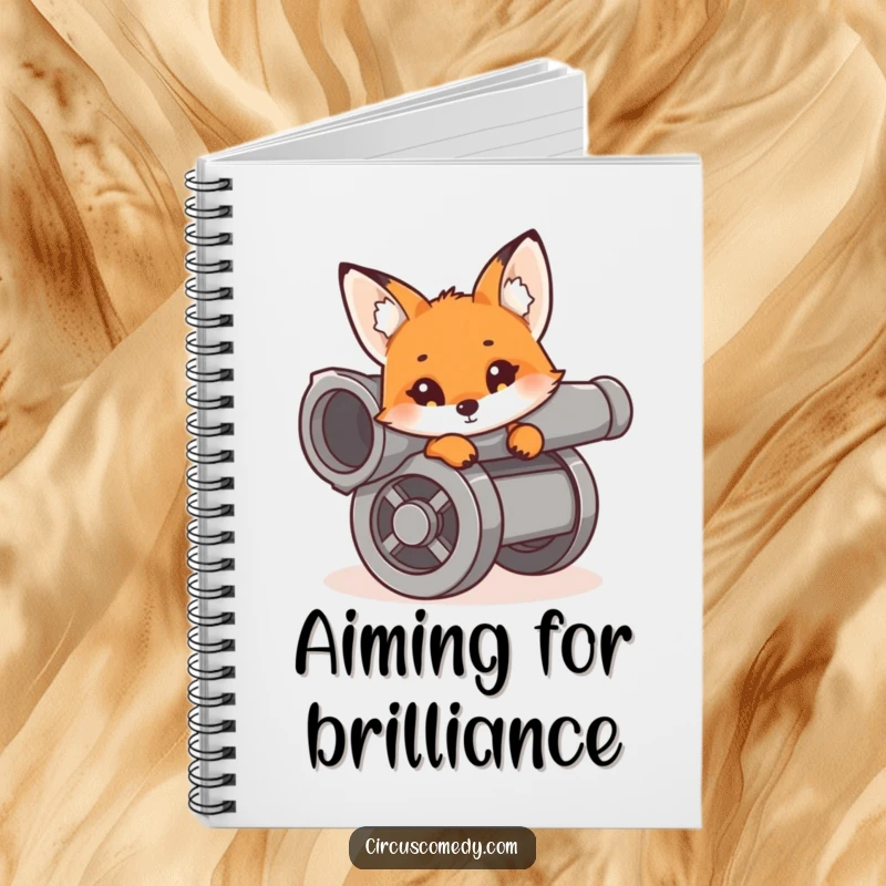 A curious fox peeking from a cannon, inspiring bold ideas and witty notes in this humorous notebook.