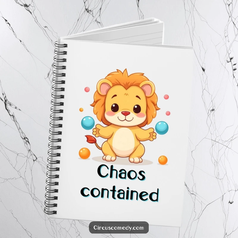 Funny notebook with a cute lion confidently juggling small objects, perfect for capturing brilliant ideas and notes.