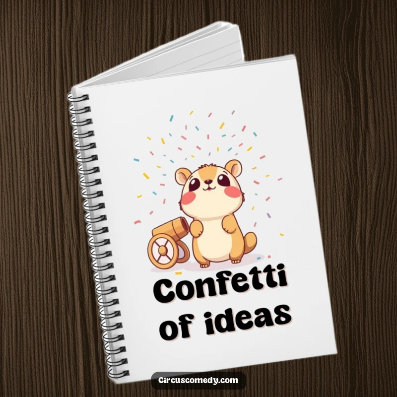 Funny notebook with a surprised animal reacting to a confetti cannon firing, perfect for journaling and creative thoughts.