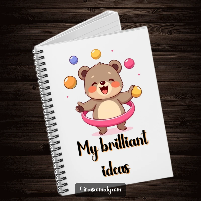 Funny bear cub notebook, depicted juggling spheres with energetic flair, perfect for notes or sketches, a humorous and functional item.