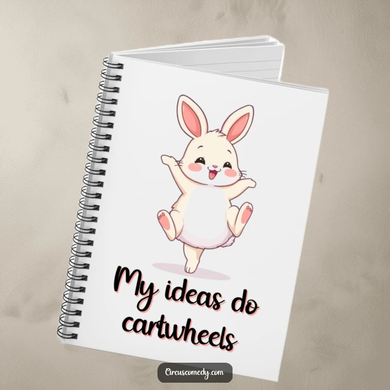 Funny notebook cover showing a fluffy bunny performing a cartwheel with a flourish, perfect for jotting down fun ideas.