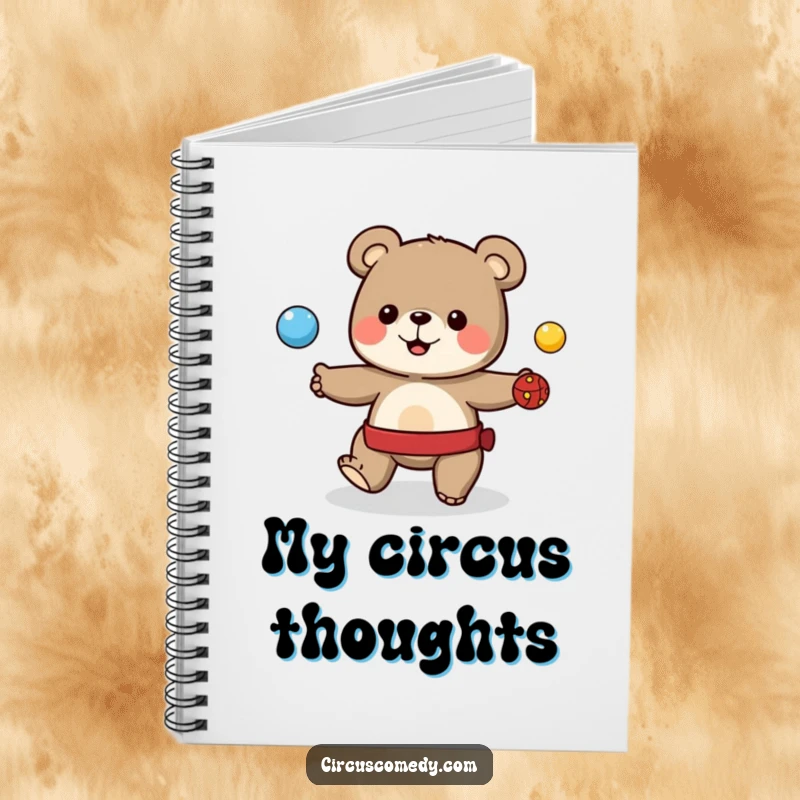 Funny notebook cover of a cute bear juggling colorful balls, perfect for planning dazzling acts.