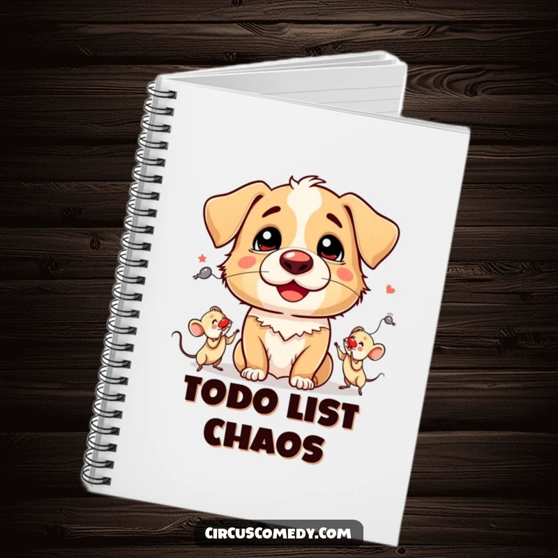 Funny Notebook: A silly dog character wearing a clown nose, juggling three tiny mice on the cover.