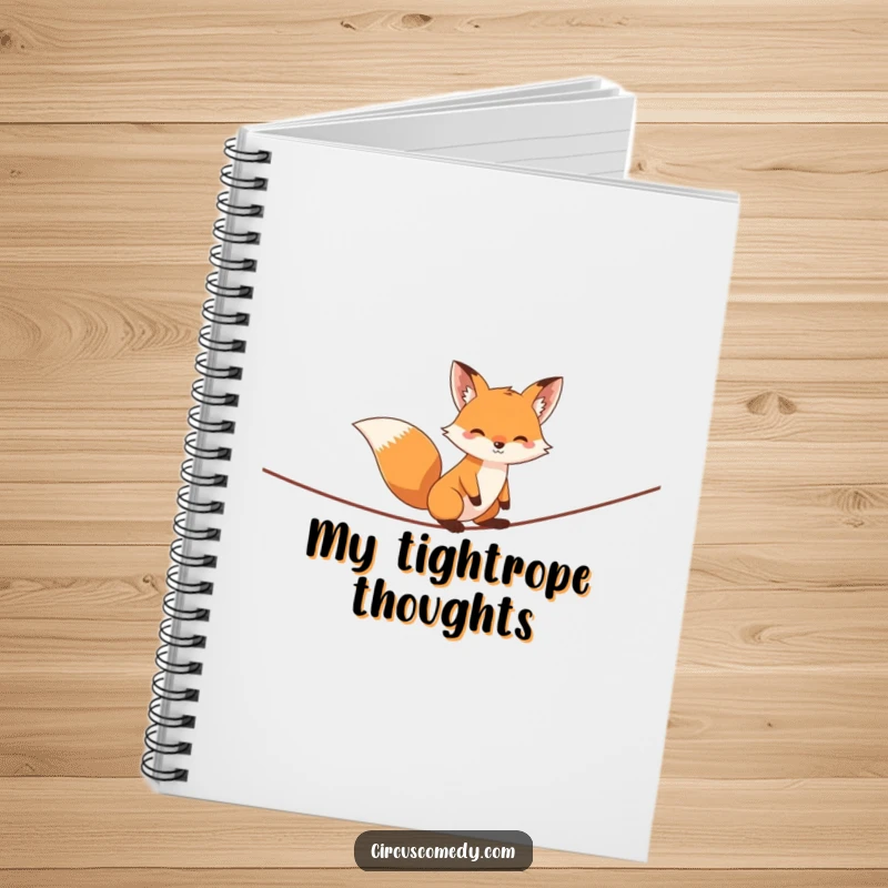 Funny fox notebook, shown mid-tightrope balance with a sly look, perfect for jotting down ideas or plans, a humorous and functional item.