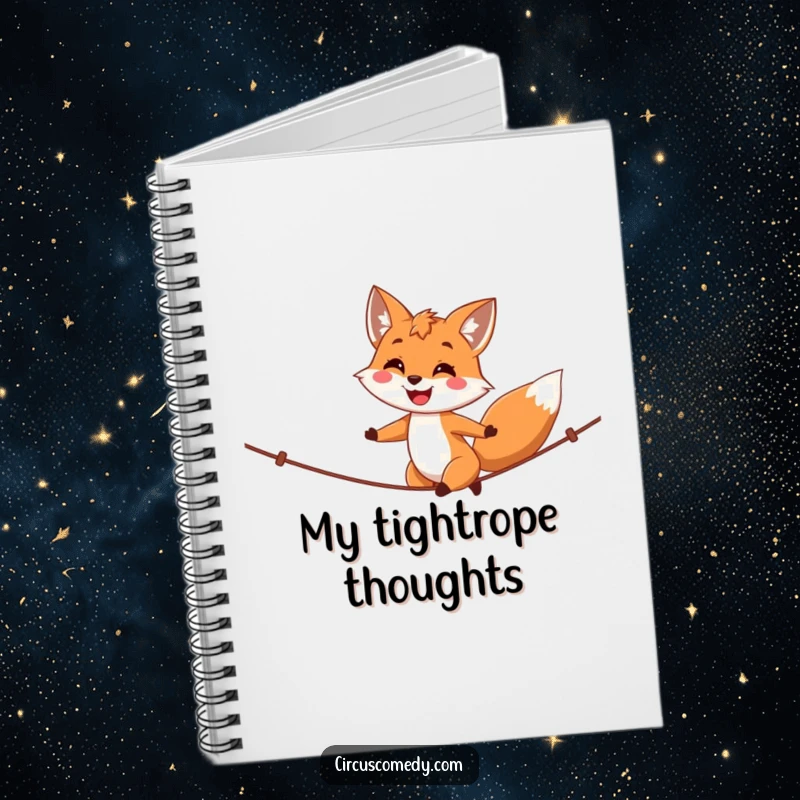 Funny fox notebook, a happy fox walking a tightrope with a proud smile, perfect for journaling and creative writing.