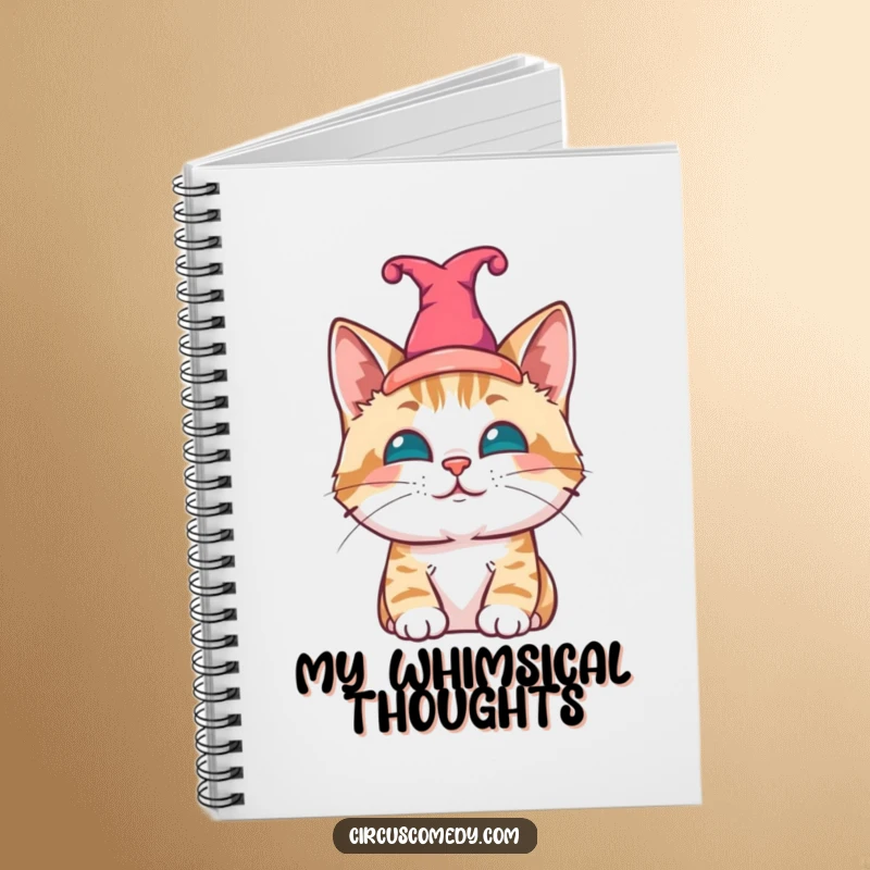 Funny cat notebook, a contented cat wearing a jester hat, perfect for jotting down funny ideas.