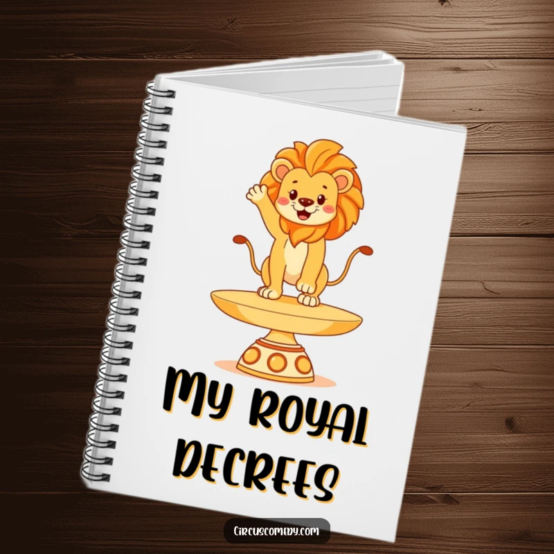 Funny lion notebook, shown balancing regally on a spinning plate, symbolizing control and confidence, a humorous and functional item.