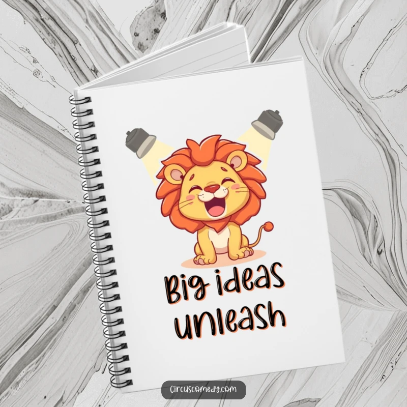 Funny Notebook: A delighted lion roaring playfully under a spotlight on the cover.