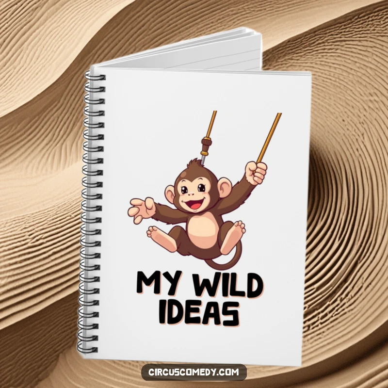 Funny notebook cover with a dynamic monkey swinging from a trapeze, perfect for jotting down exciting plans.