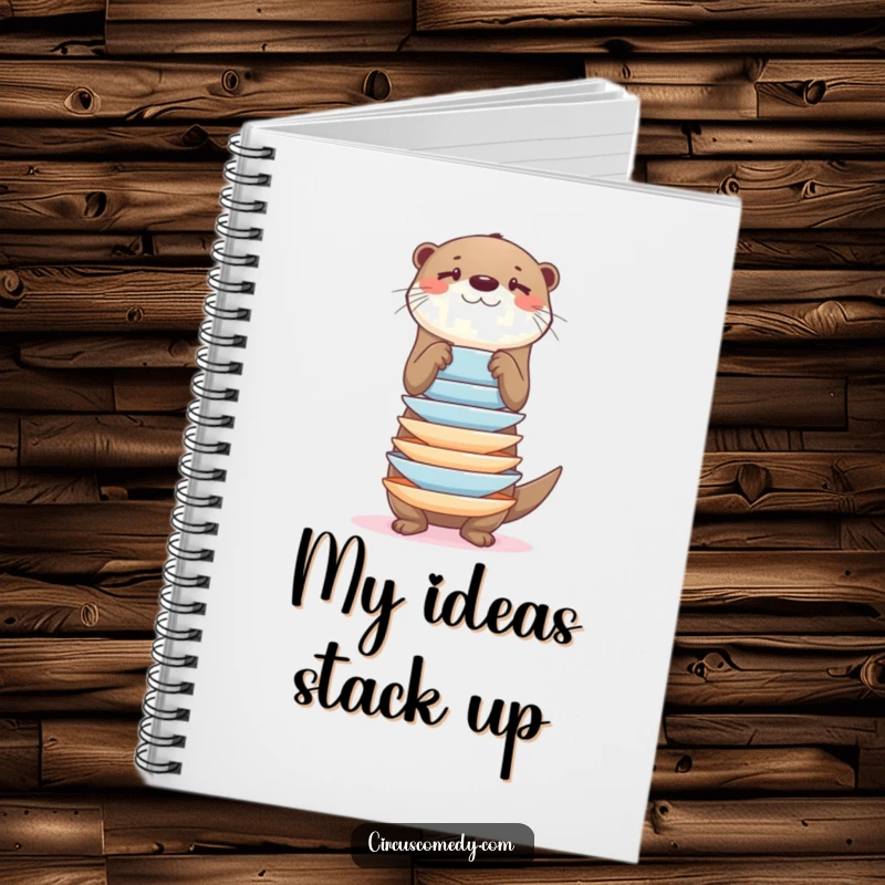 Funny otter balancing a stack of plates on a notebook cover, inspiring organized thoughts.