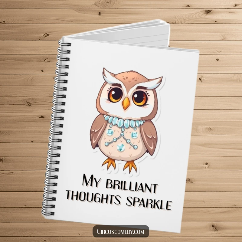 Funny owl in a sequined costume blinking on a notebook cover, inspiring brilliant ideas.