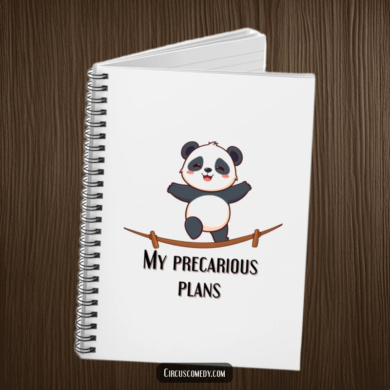 Funny panda notebook with a smiling panda walking a tightrope with cheerful determination, for jotting notes.