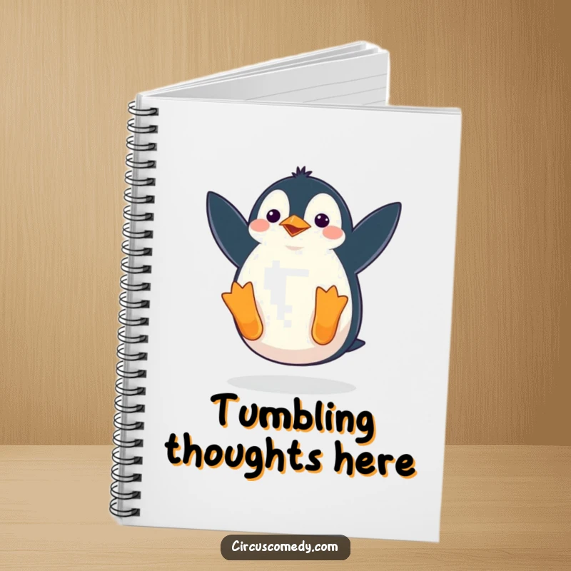 Funny notebook cover featuring a penguin waddling comically as it performs a somersault, ideal for journaling or note-taking with a humorous flair.