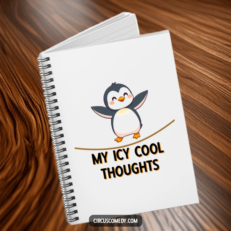 Funny Penguin Tightrope Notebook with a curious penguin balancing on a tightrope, perfect for jotting down ideas with whimsy and courage, a funny gift.