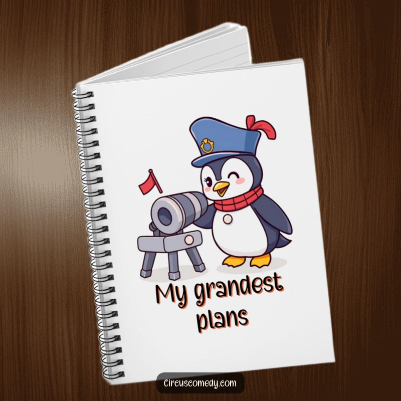 Funny Ringmaster Penguin Notebook: A brave penguin in a circus outfit winks at a tiny cannon, perfect for funny notes and ideas.