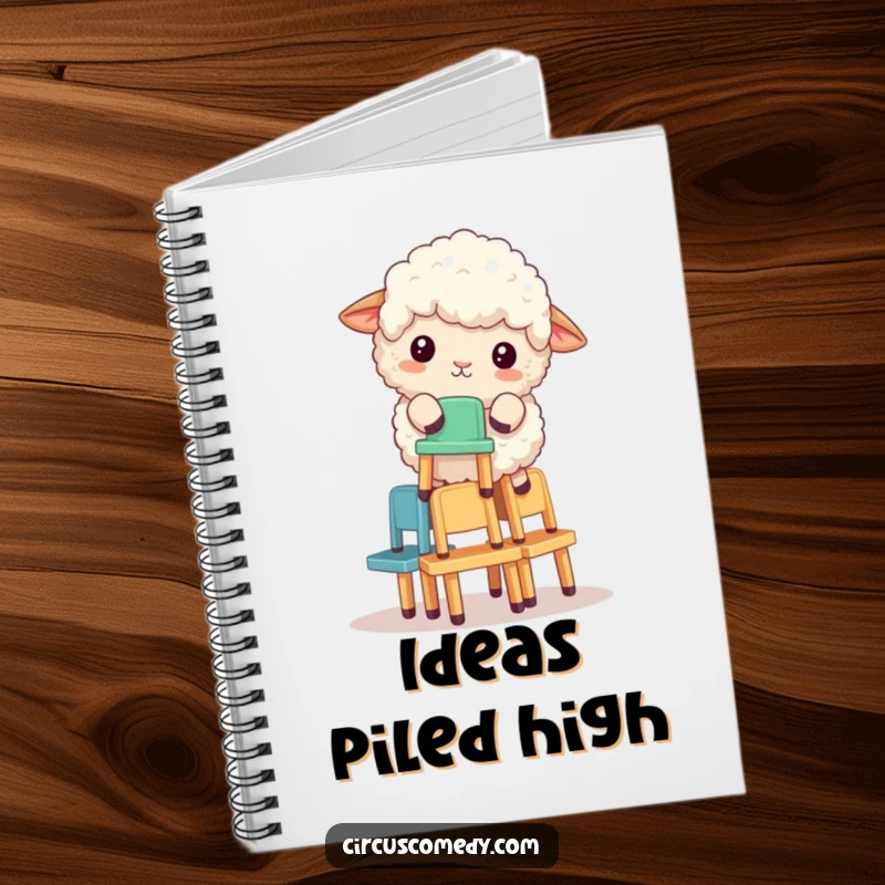 Funny sheep balancing a stack of tiny chairs on the cover of a humorous notebook, perfect for notes and ideas.