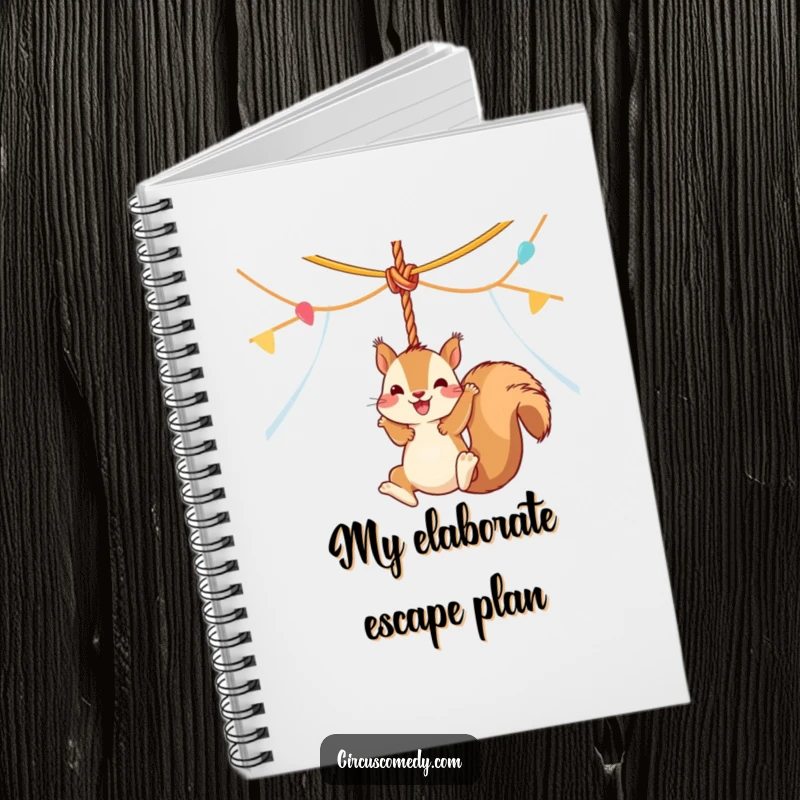 Funny squirrel in mid-swing from a circus tent rope, shown on the cover of a funny notebook for creative writing.