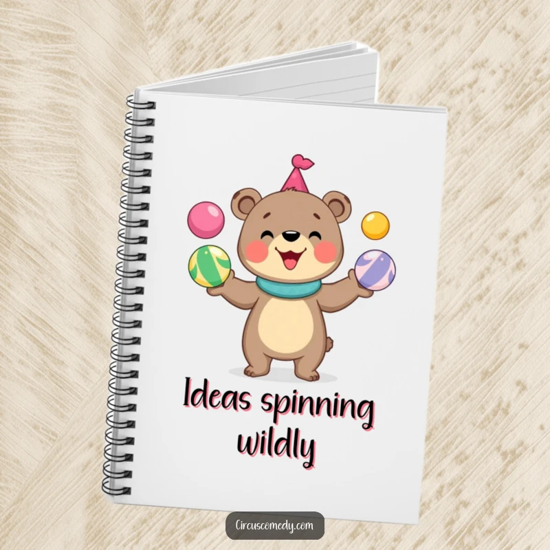 Funny bear notebook with a cover featuring a cute, smiling bear juggling colorful circus balls, inspiring creative and humorous writing.