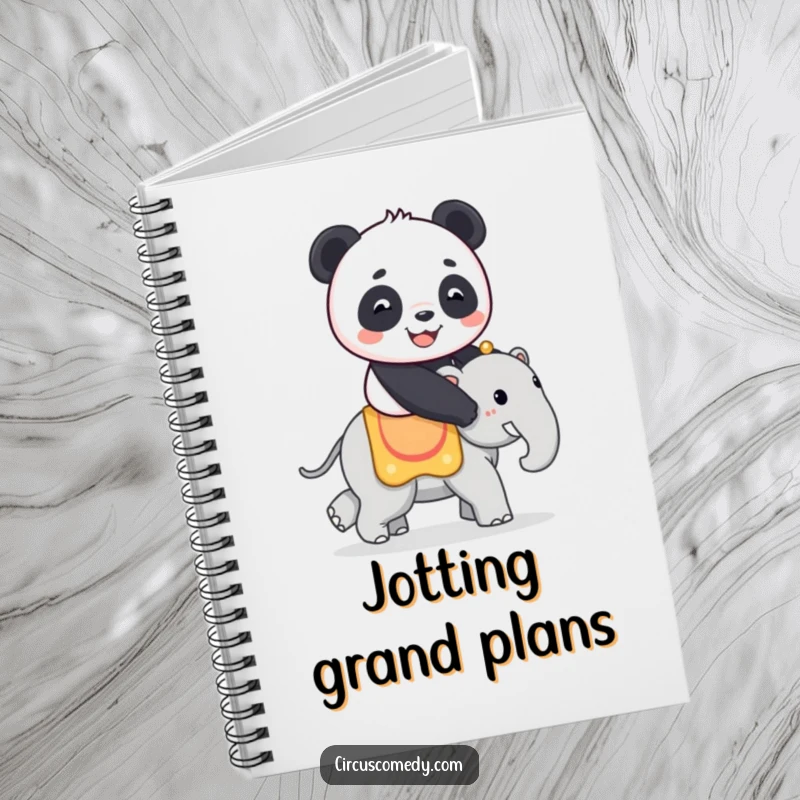 Funny notebook cover featuring a smiling panda riding a small circus elephant, ideal for journaling or note-taking with a whimsical flair.